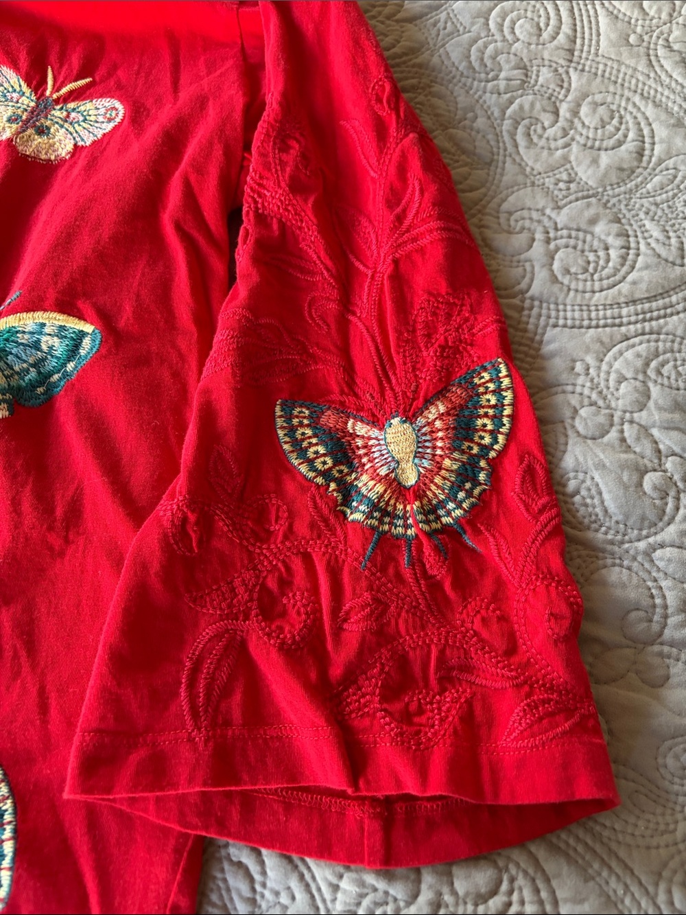 Johnny Was Red Tee with Multicolor Embroidery, size L - Picture 3 of 5